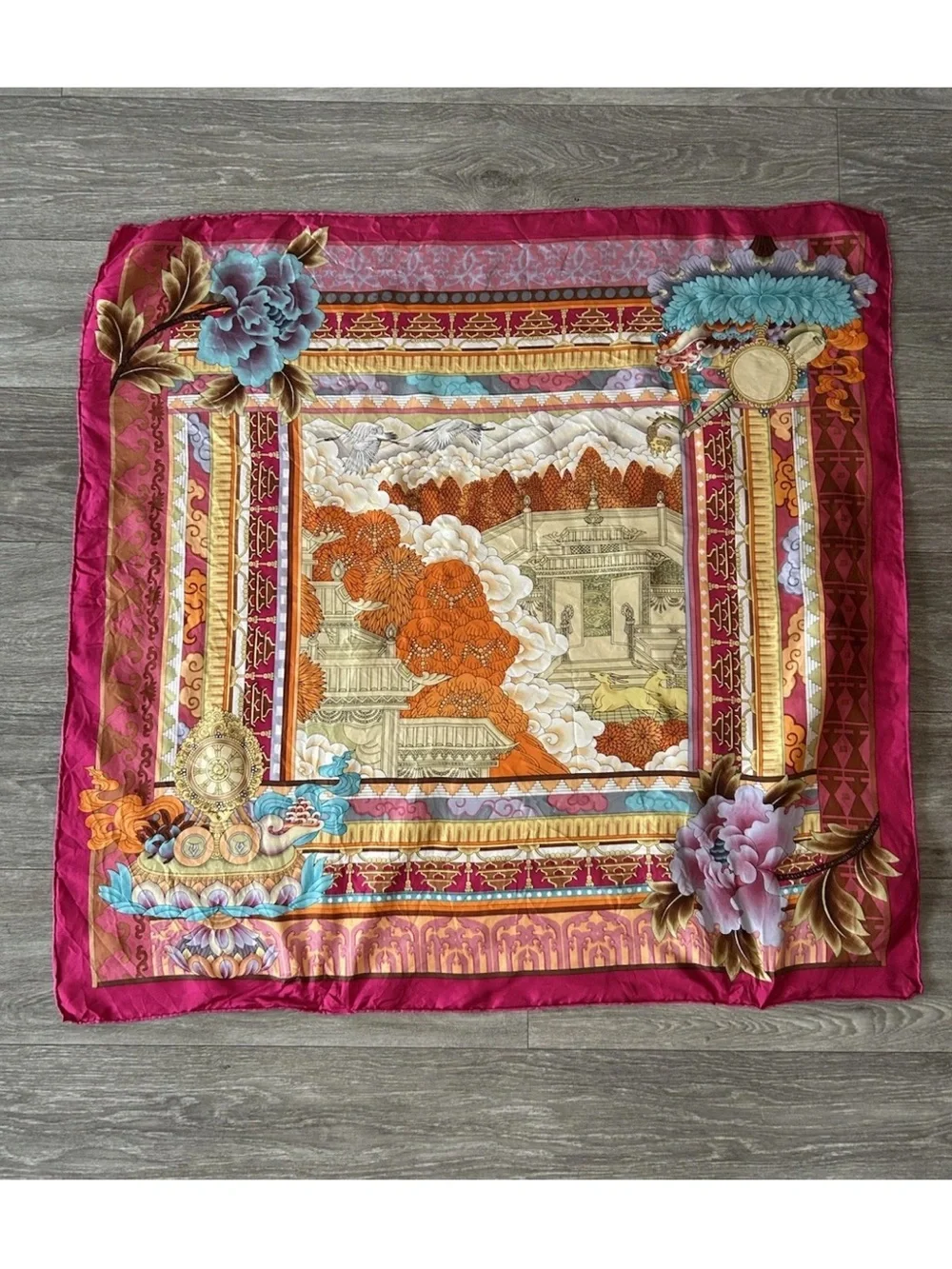 Silk Scarf 34” Tibetan Asian Temple Floral Crane Hand Rolled Fuchsia